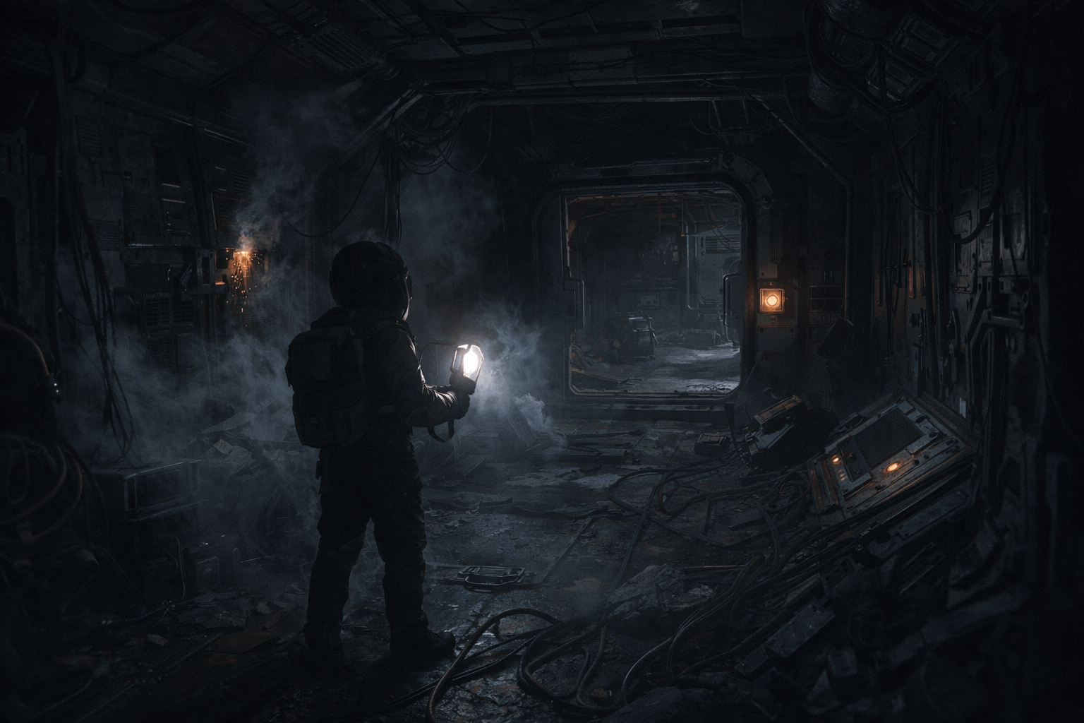 A dim corridor with drifting smoke and loose cabling